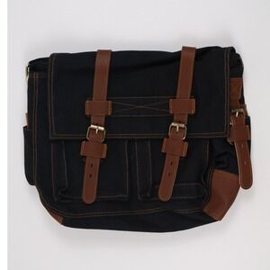 Kaukko Messenger Bag Laptop Sleeve Black Canvas Brown Straps NWT